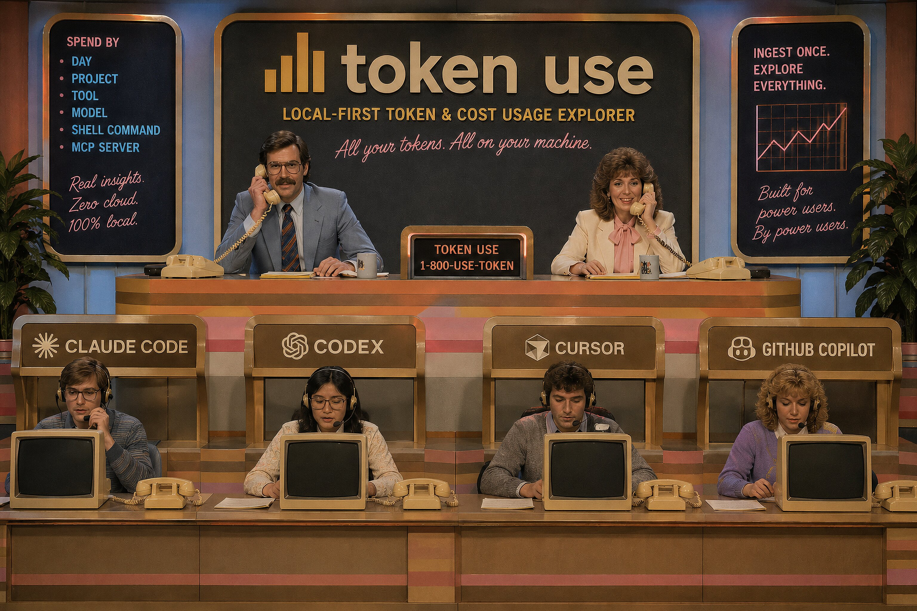 A broadcast studio set for token use, with operators and panels for AI coding tools.